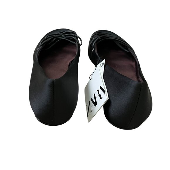 ZARA Satin Effect Ballet Flats Black Size 6.5 Crisscross Lace-Up Chic Trendy - Picture 7 of 8